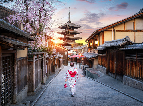 Japanese woman wearing a traditional Japanese kimono at Yasaka Pagoda and Sannen Zaka Street in Kyoto, Japan.	