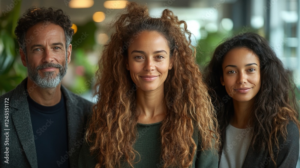 Fototapeta premium Professional Group Portrait of Three Diverse Individuals Smiling in a Bright Office Environment Surrounded by Greenery and Natural Light