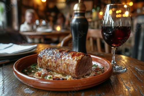 A traditional French andouillette served on a terracotta plate, resting on a wooden table in a cozy, rustic tavern with soft, golden lighting.