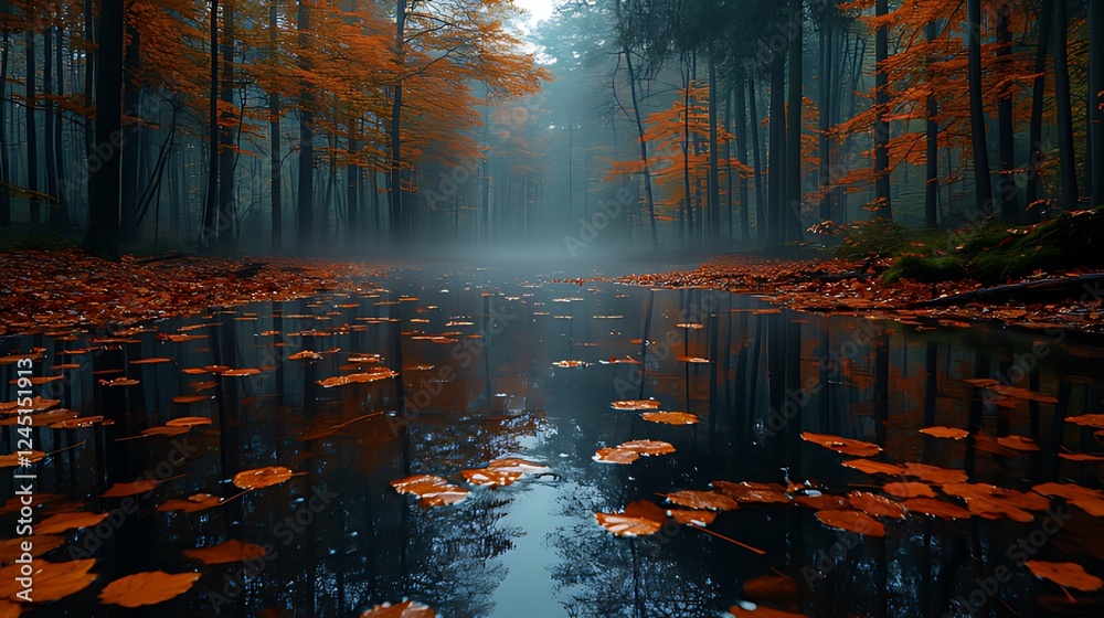 Fototapeta premium Autumnal forest stream, misty path reflection, fall leaves, nature background, tranquil scene