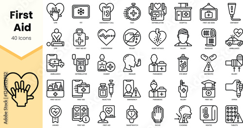 A collection of 40 first aid icons illustrating medical concepts, emergency care, and health services in a clean, minimalist design.