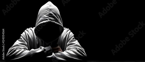 Faceless man in hoodie standing isolated on black.