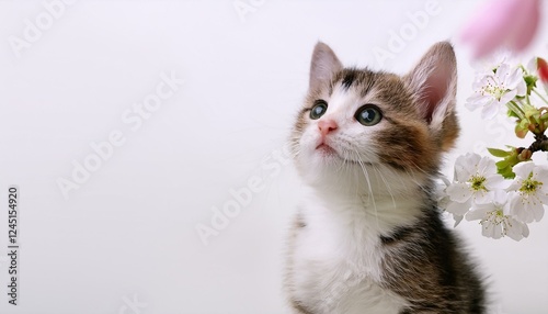 シンプルな白背景に顔をのぞかせる子猫が伝える春の爽やかさ
