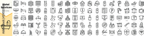 A comprehensive set of hotel service icons, including amenities and facilities, in a sleek, modern design.