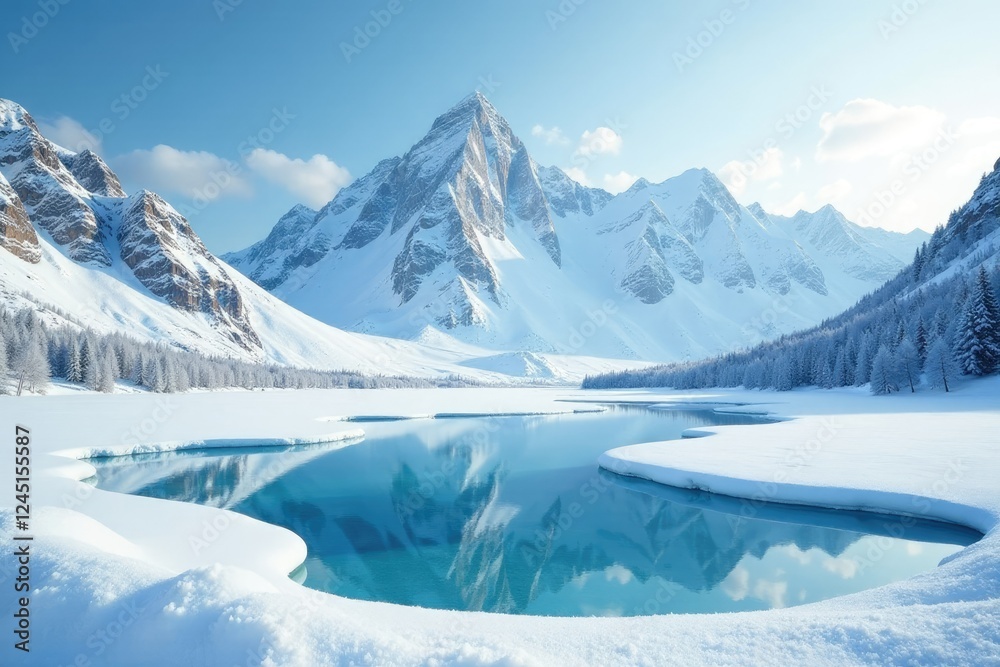 Obraz premium Snowy mountain landscape with frozen lake in the foreground, snowy wilderness frozen tundra, whiteout conditions, snow capped peaks