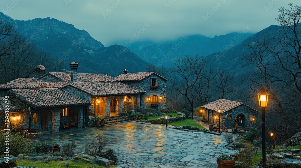 Fototapeta premium Mountaintop villa at dusk, stone courtyard, warm lights.