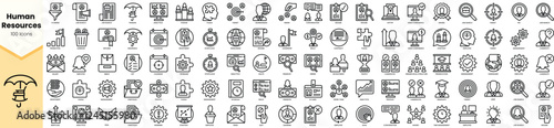 A collection of 100 minimalistic human resources icons in black and white, showcasing various concepts related to HR management.