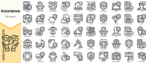 A collection of monochromatic insurance icons representing various types of coverage and services.