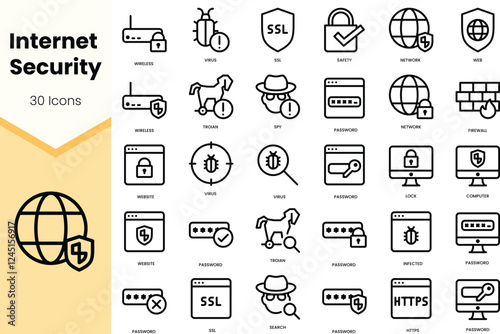 A collection of 30 internet security icons showcasing various cybersecurity themes including passwords, firewalls, and viruses.