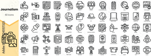 A comprehensive collection of 60 journalistic icons illustrating key elements in media, news, and communication.