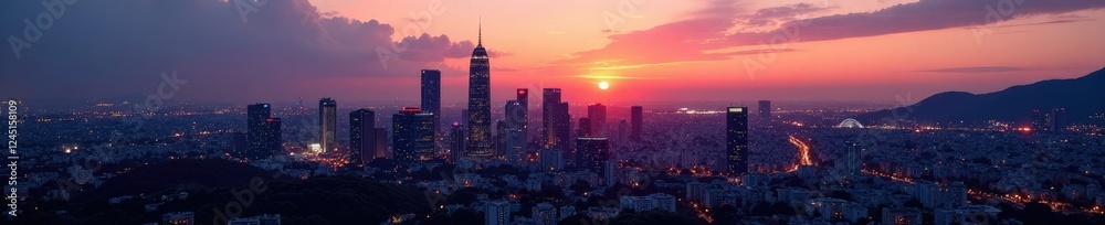 Fototapeta premium Vista panor?mica de la ciudad con torres y edificios iluminados al atardecer, arquitectura, horizonte, panorama