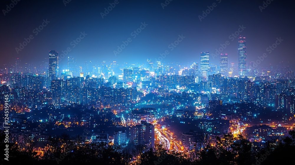 Fototapeta premium Night cityscape panorama, urban lights, elevated view, sprawling metropolis, background hills, travel poster