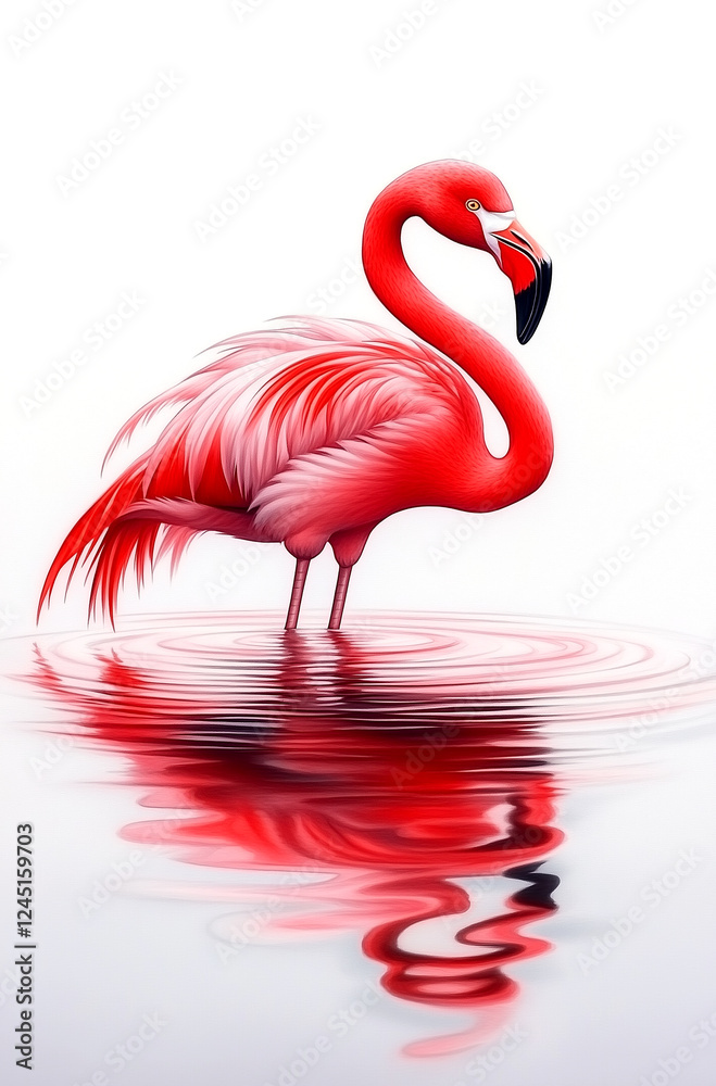Fototapeta premium A pink flamingo is standing in a body of water. The water is calm and the flamingo is the only thing visible in the image. The flamingo is the main focus of the image