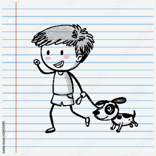 Child Walking Dog on Lined Paper
