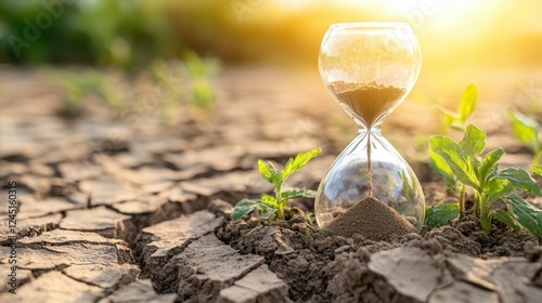 Hourglass on Dry Soil Symbolizing Time and Growth in Nature