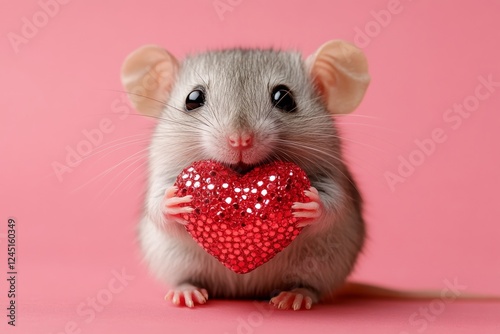 Digital ads creative graphic depiction. Rat - my preferred animal. Cute rat baby with sparkling rhinestones red heart - emblem of love, funny greeting card. Marketing concept. Zoo love themes. photo