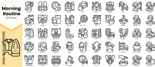 A collection of 50 icons illustrating a diverse and engaging morning routine.
