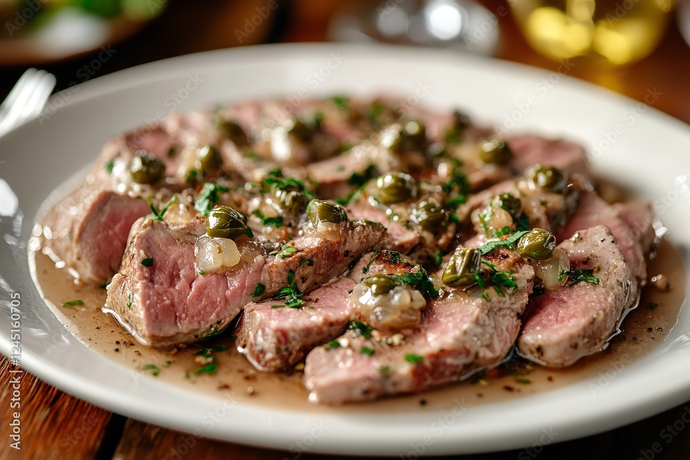 A close-up of Vitello Tonnato: delicate veal slices topped with a rich tuna sauce and capers, served on a pristine white plate, placed on a rustic table in a charming, authentic Italian eatery. A close-up of Vitello Tonnato: delicate veal slices topped with a rich tuna sauce and capers, served on a pristine white plate, placed on a rustic table in a charming, authentic Italian eatery.