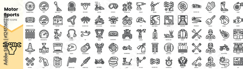 A diverse collection of 80 motor sports icons showcasing various racing elements, from helmets to racing flags.