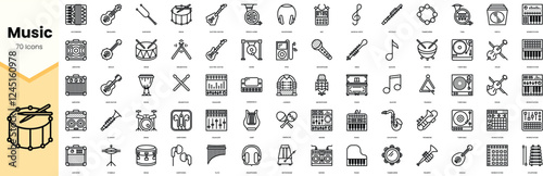 A collection of 70 diverse music icons including instruments, equipment, and symbols in a minimalist style.