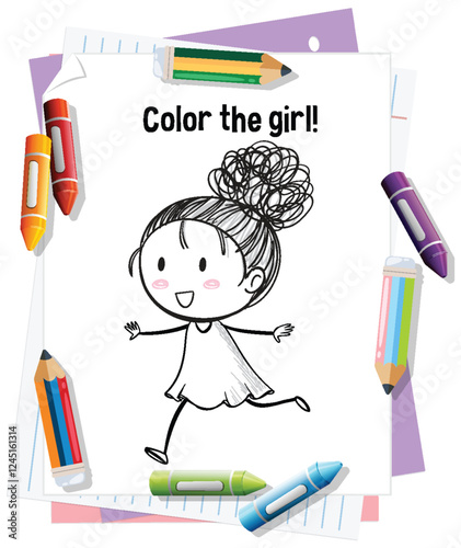 Colorful Doodle Girl with Crayons