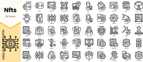 A collection of 50 line icons representing various aspects of NFTs, showcasing their diverse applications and concepts.