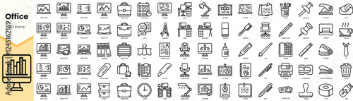 A detailed collection of 80 office icons, showcasing various tools and elements essential for a productive workspace.