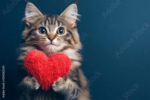 Kurilian bobtail - my cherished cat. Commercial visual idea. Cute kurilian bobtail young cat with fluffy red heart - emblem of love, funny greeting card. Romantic pet love photo. Red heart cat.