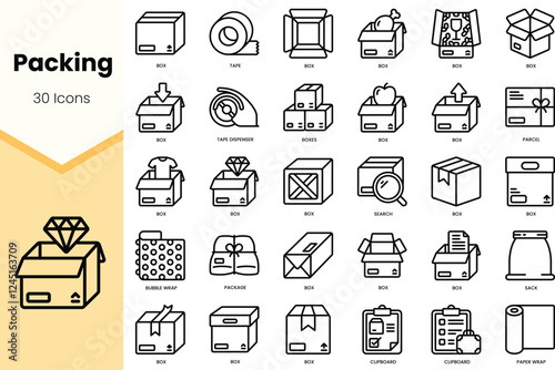A collection of 30 minimalist icons related to packing, featuring boxes, tape, and packaging materials.