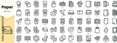 A collection of 60 monochrome paper icons representing various paper-related items and activities.