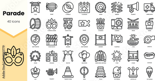 A vibrant collection of 40 icons representing a festive parade theme, featuring drums, trumpets, and colorful decorations.