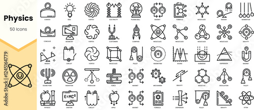 A collection of 50 outline icons representing various physics concepts, ideal for educational and creative projects.