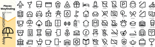 A diverse collection of 75 line icons representing places and wayfinding concepts, ideal for navigation and mapping applications.