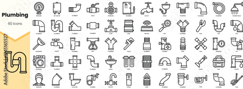 A collection of 60 plumbing icons showcasing various tools and components in a clean, minimalist style.