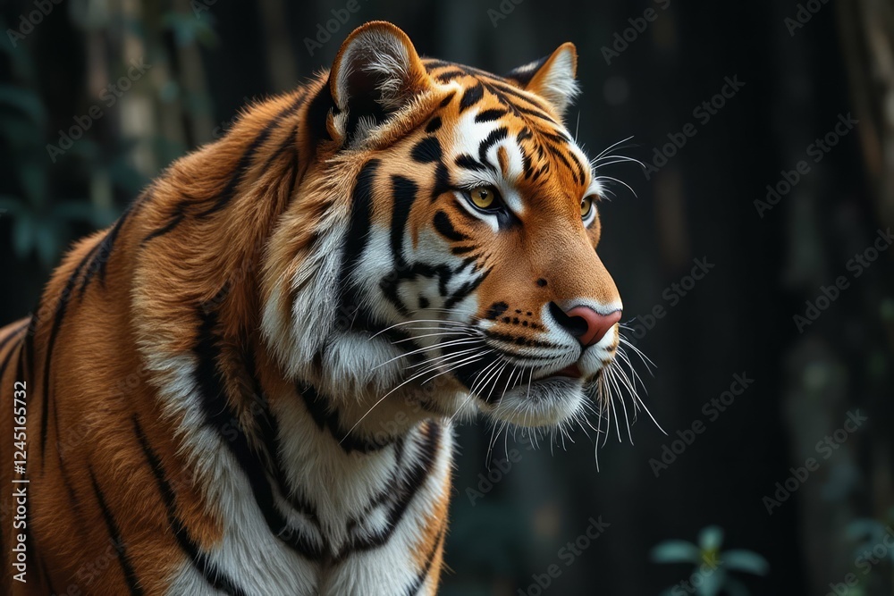 Fototapeta premium Majestic Siberian Tiger Profile Portrait in Dark Setting