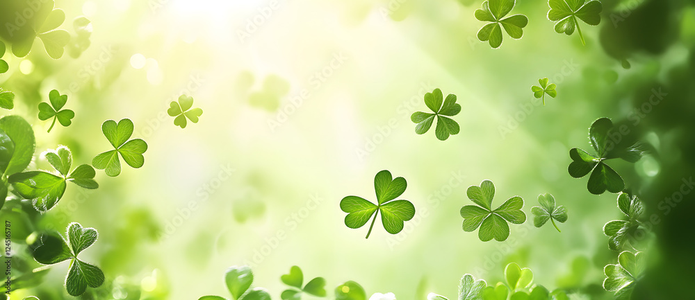 St. Patrick's Day abstract green background decorated with shamrock leaves. Patrick Day pub party celebrating. Abstract Beer art design magic backdrop. Widescreen clovers on black with copy space St. Patrick's Day abstract green background decorated with shamrock leaves. Patrick Day pub party celebrating. Abstract Beer art design magic backdrop. Widescreen clovers on black with copy space
