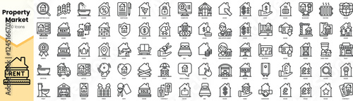 A collection of 80 varied icons representing the property market, featuring elements like houses, furniture, and appliances.