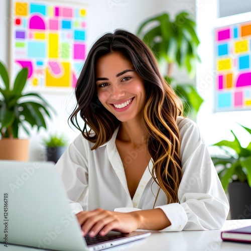 Una mujer hispana está trabajando en una computadora portátil en el trabajo. Ella sonríe mientras mira su computadora portátil.