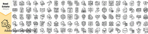 A collection of 100 real estate icons illustrating various elements of property management, sales, and related services.
