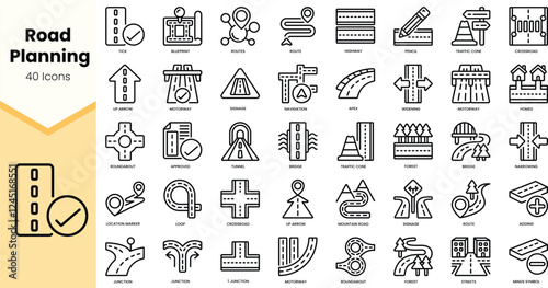 A collection of 40 black and white icons representing various road planning elements, suitable for urban design and infrastructure projects.