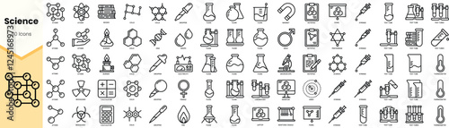 A diverse collection of 80 science-themed icons, featuring various symbols like beakers, atoms, and laboratory equipment.