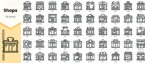 A collection of 50 outlined icons representing various shop types, including a grocery store, bakery, and pharmacy.