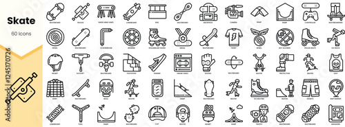A diverse collection of 60 line icons representing various skateboarding equipment and activities.