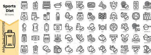 A collection of 60 sleek black and white icons representing a sports diet, showcasing various foods and nutrition supplements.