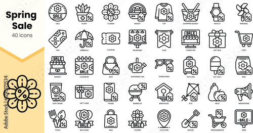 Exciting collection of 40 icons themed around spring sales, featuring various items and activities related to shopping and gardening.