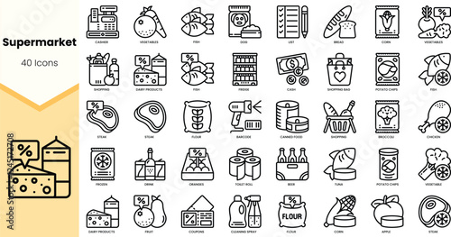 A collection of 40 line icons representing various supermarket items, including fruits, vegetables, and packaged goods.