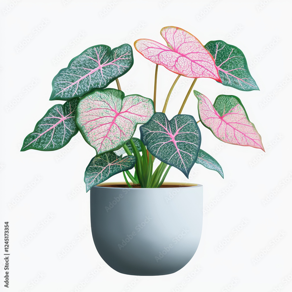 Obraz premium Pink Caladium in Pot: A vibrant Caladium plant with its signature pink and green heart-shaped leaves flourishes in a light blue pot, showcasing its tropical beauty.