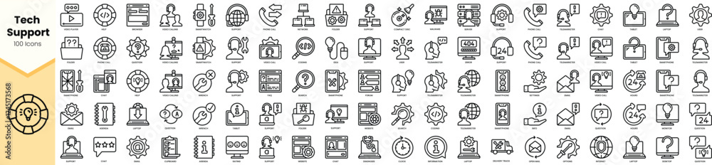 A comprehensive collection of tech support icons in a clean, minimalist design, showcasing various technological elements.