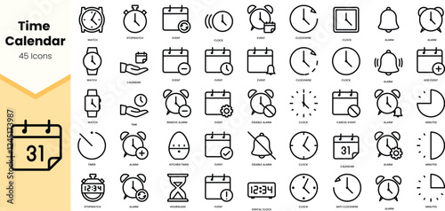 A collection of 45 monochromatic time and calendar icons, perfect for digital design and organization.