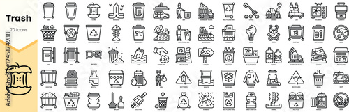 A diverse collection of 70 line icons representing various types of trash, recycling, and waste management.